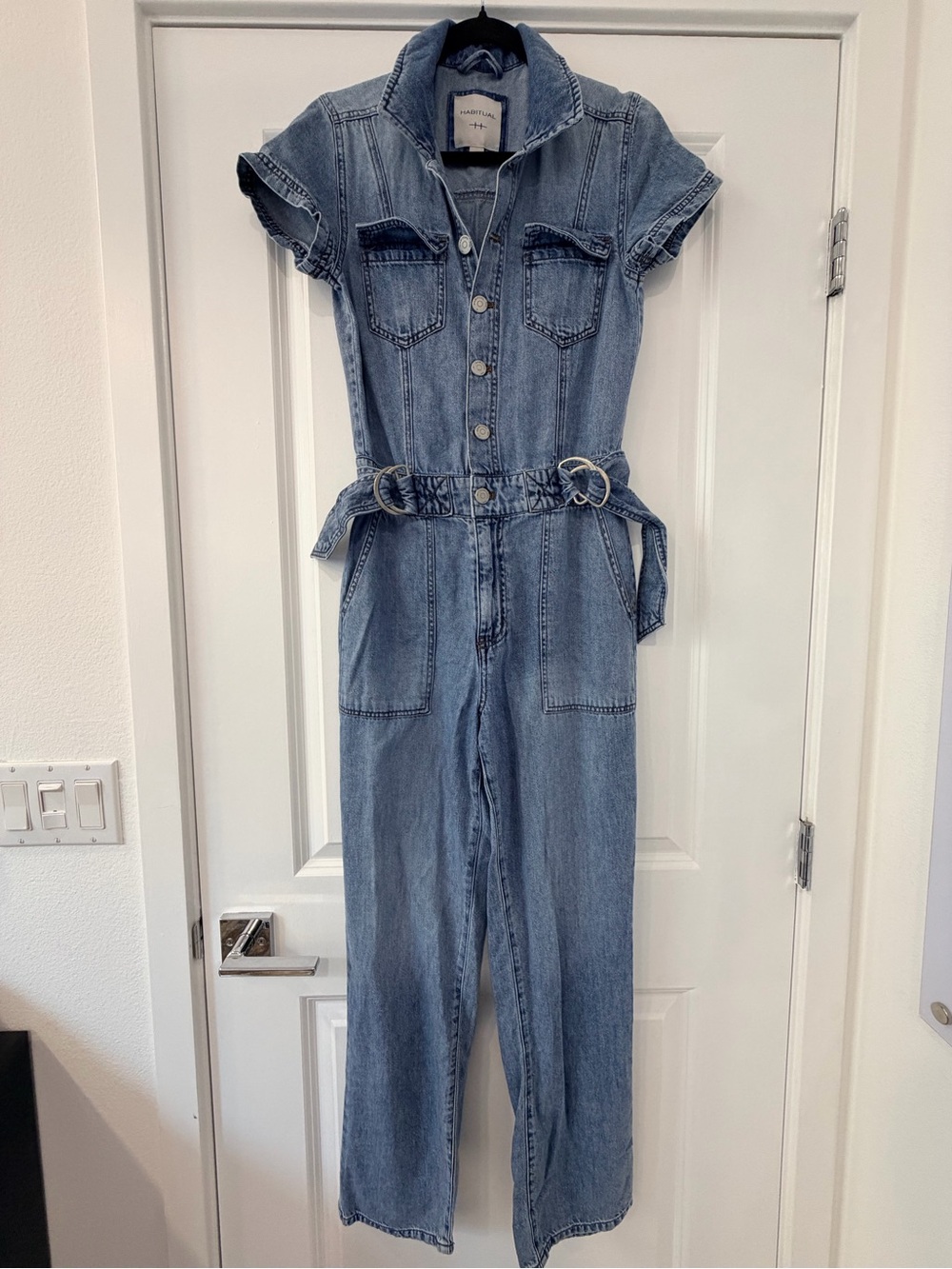 Habitual Light Blue Short-Sleeve Denim Utility Jumpsuit with Belt
